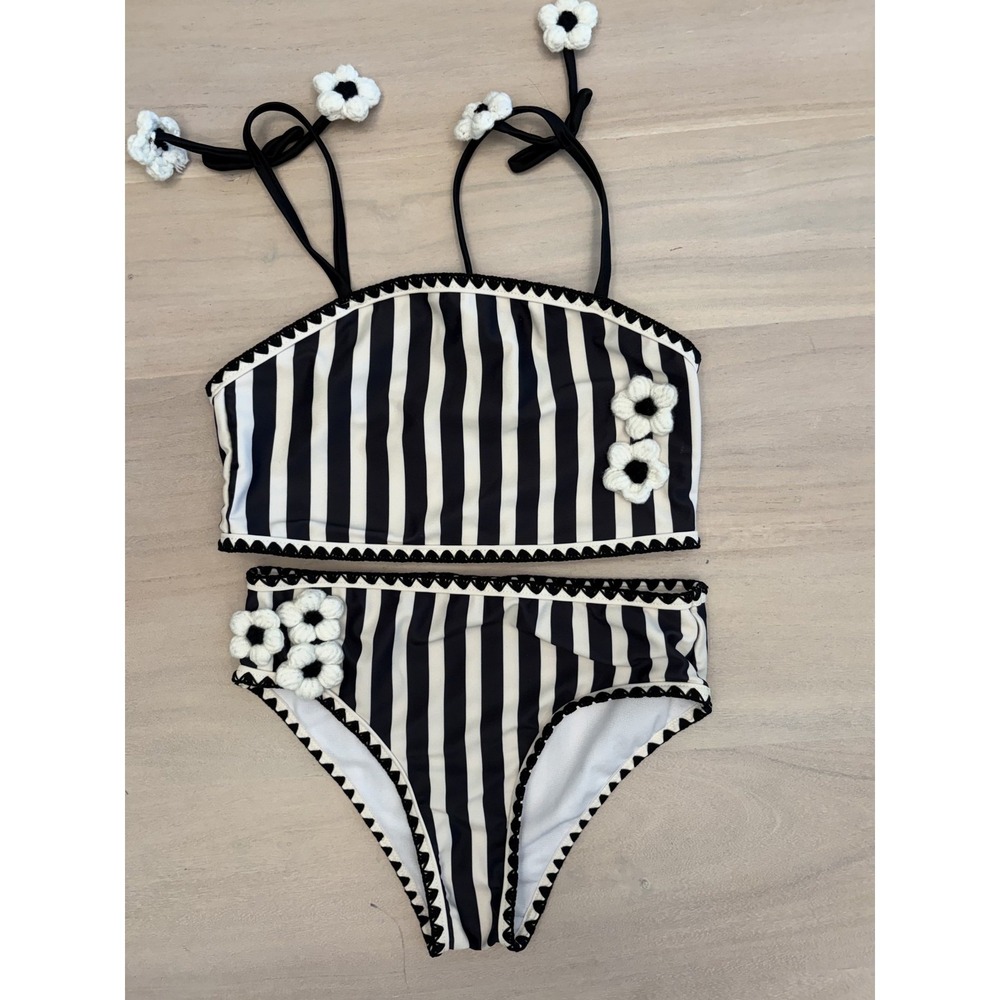 Black & White Striped Bikini  High Waist Swimsuit kids size 8